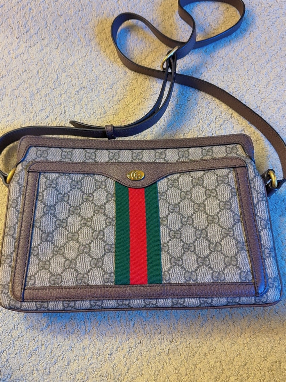 Gucci Beige GG Canvas crossbody bag with Green-Red Web Stripe